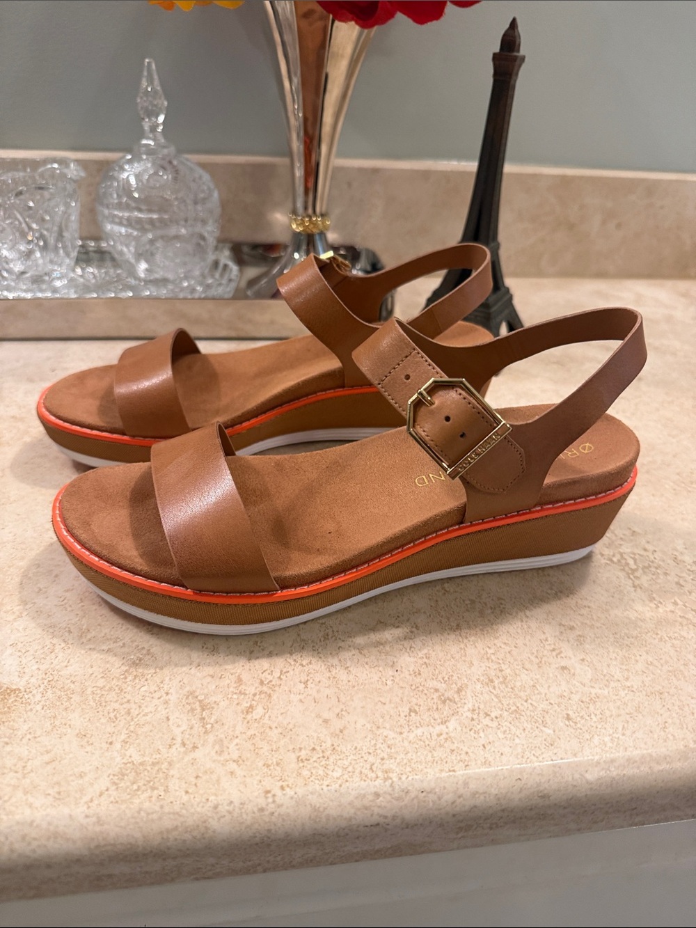 Cole Haan Brown Platform Sandals with Orange Accent